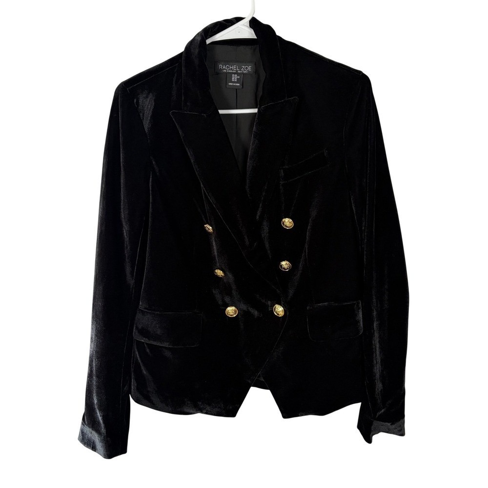 Rachel Zoe Black‎ Velvet Double Breasted Blazer Gold Crest Buttons Size XS